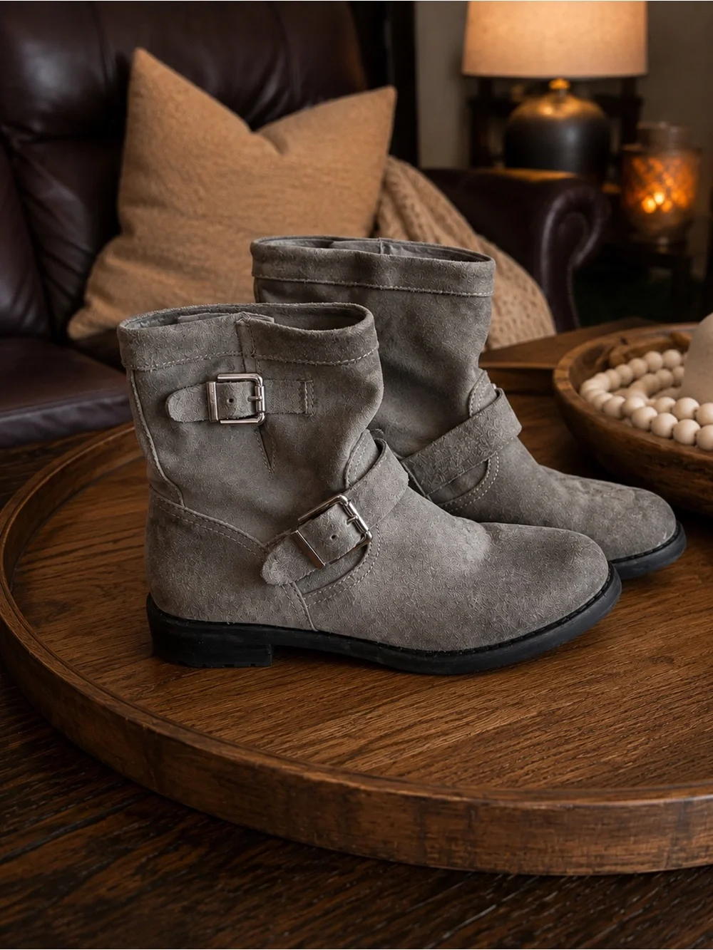 Vince Camuto Moonstone Gray Suede Ankle Boots with Buckles